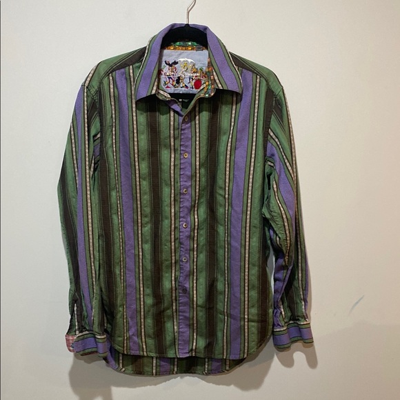 Vintage Robert Graham Striped Green and Purple Men's Shirt - Picture 1 of 4